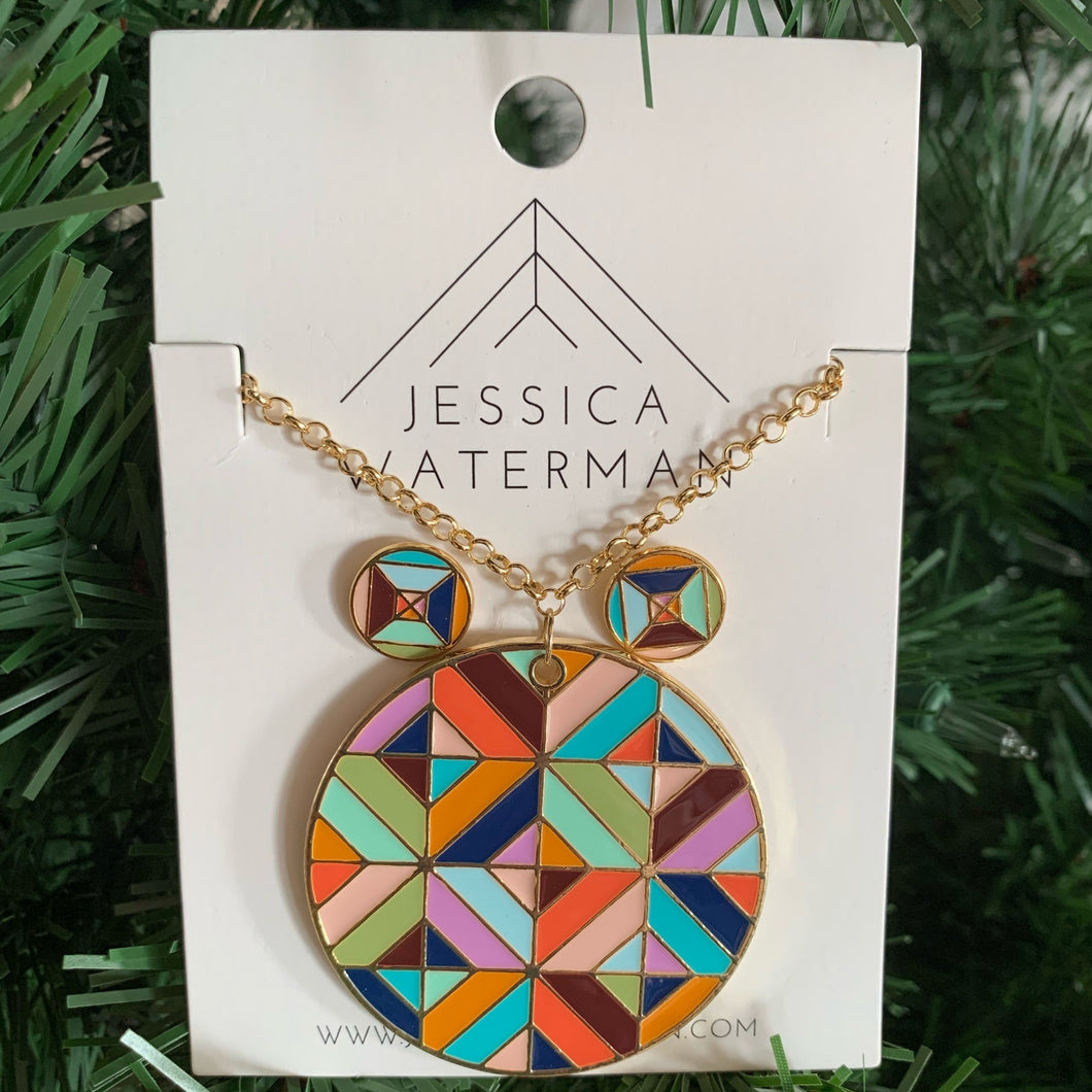 Set of multicolour circle necklace and earrings.