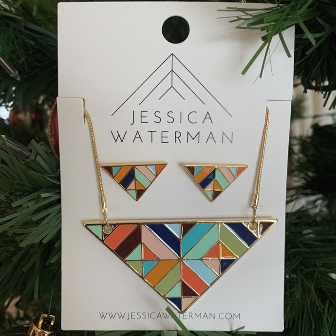 Set of multicolour triangle necklace and earrings.