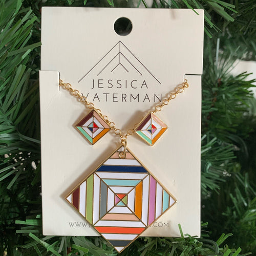 Set of white and multicolour square necklace and earrings.